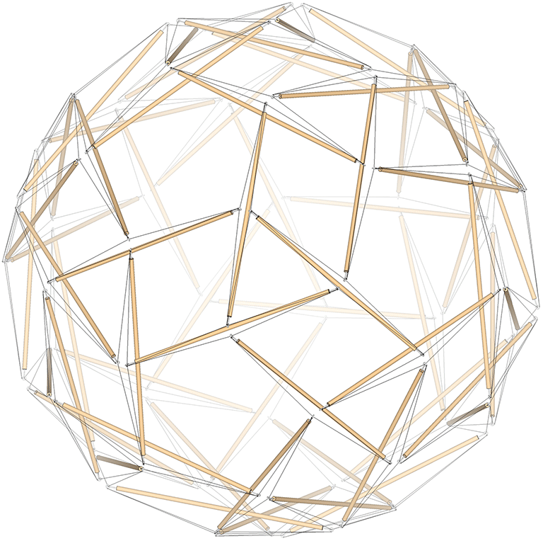 60-strut tensegrity transforming between its spherical phase and the double-edge tensegrity icosahedron.