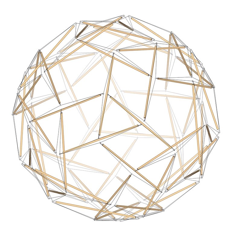 60-strut tensegrity transforming between its spherical phase and the double-edge pentagonal dodecahedron.