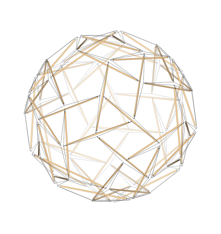 60-strut tensegrity transforming from its spherical phase to the icosidodecahedron.