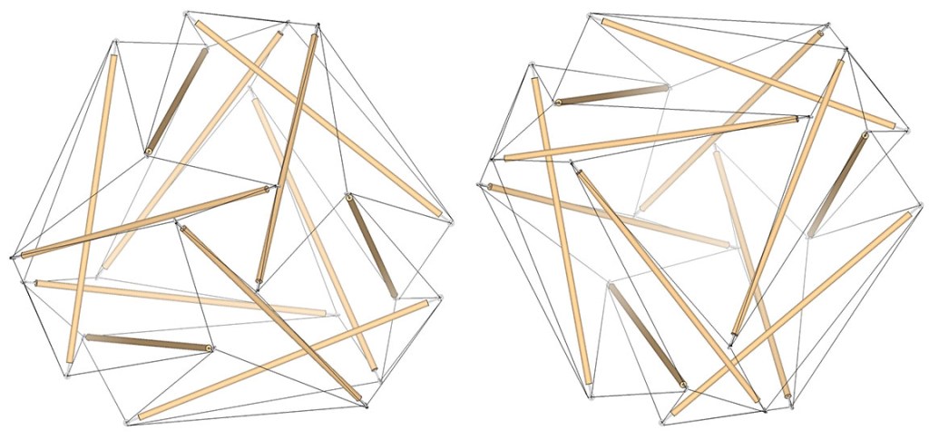 Two views of the 12-strut tensegrity sphere with a face-on view of a triangular tendon loop contracting to a vertex (left), and to a face (right) of the double edge tensegrity tetrahedron.