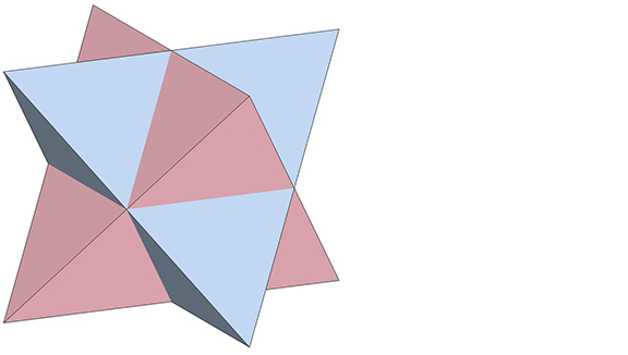 Two tetrahedra, one rotated at 90° to the other, sharing a common center and sized so that the midpoints of their edges cross at the same point.