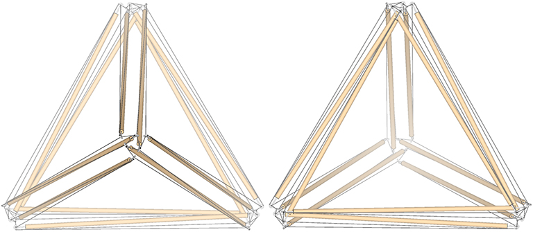 Two views of the double-edge tensegrity tetrahedron, vertex-forward (left) and a face-forward (right).
