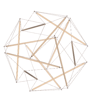 The 12-strut tensegrity transforming from its spherical phase and oscillating between the tensegrity cube and tensegrity octahedron.