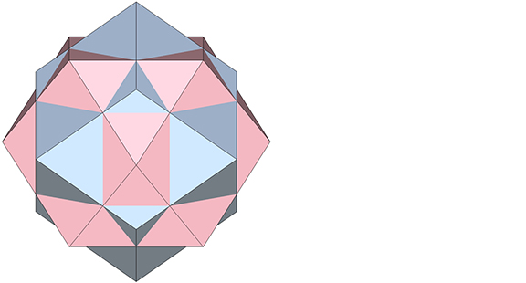 Rhombic dodecahedron and and vector equilibrium (VE) sharing a common center and sized so that their edges cross and the vertices of one are centered on the faces of the other.