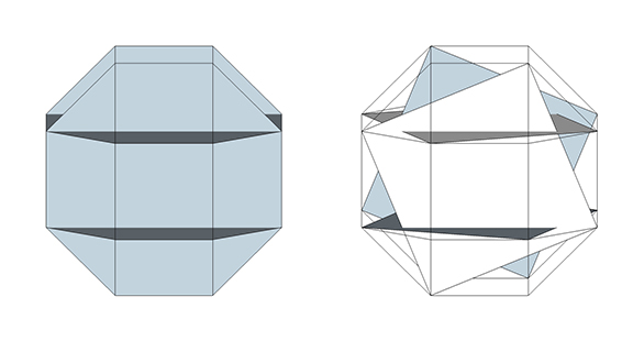 Six intersecting octagons (left) and Six intersecting squares (right) inscribed within a uniform rhombicuboctahedron.