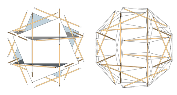 The 24 unit-length struts of the 24-strut tensegrity sphere in relation to the unit-length edges of the six intersecting squares (left) that define its spherical or "tensor equilibrium" phase (right).