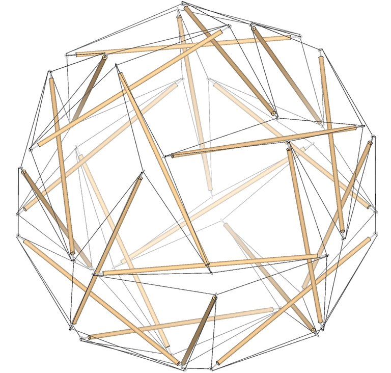 24-strut tensegrity sphere viewed with one of its twelve rhombic tendon loops face-on right of center.