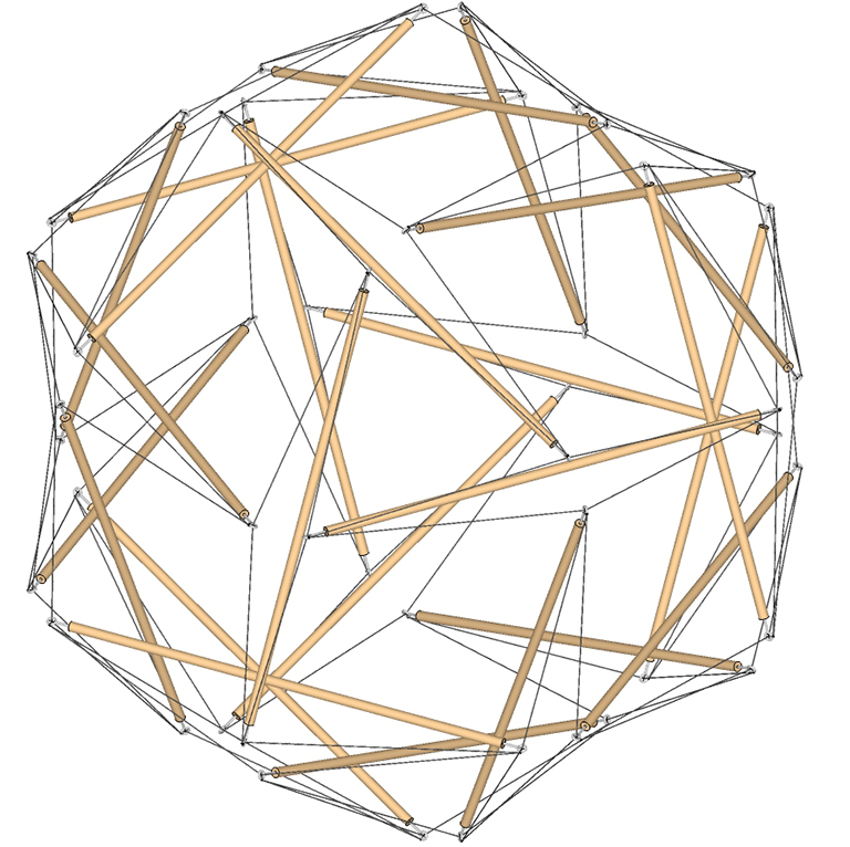 A face-on view of one the eight equilateral triangle tendon loops of the 24-strut tensegrity sphere.