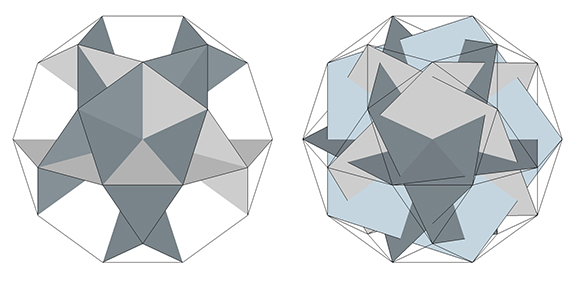Six intersecting decagons (left) and six intersecting pentagons (right) describe icosidodecahedron.