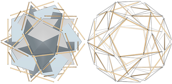 The 30 unit-length struts of the 30-strut tensegrity sphere in relation to the unit-length edges of the six intersecting pentagons (left) that define its spherical or "tensor equilibrium" phase (right).
