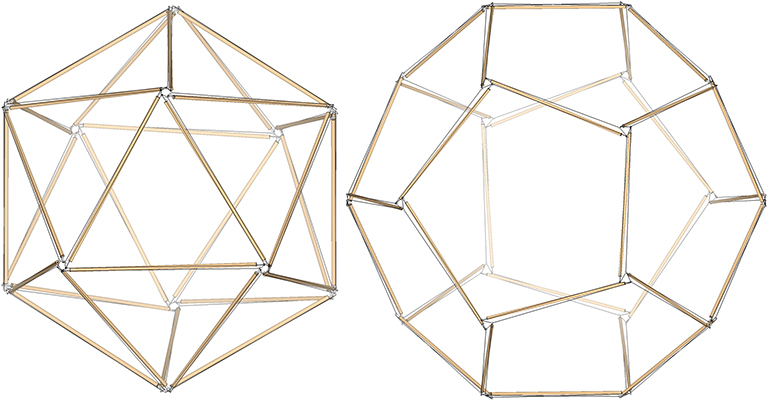 30-strut tensegrity icosahedron (left) and 30-strut tensegrity pentagonal dodecahedron (right).