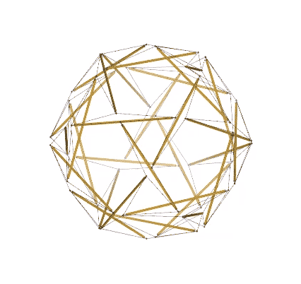 The 30-strut tensegrity transforming from its spherical phase and oscillating between the tensegrity icosahedron and tensegrity pentagonal dodecahedron.