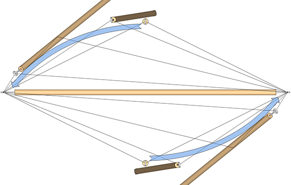 Detail of a tensegrity sphere showing the struts moving counter-clockwise along the tendons toward opposing ends end of their dangler.