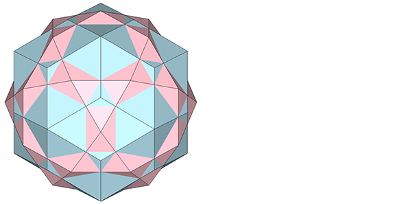 Rhombic triacontahedron and icosidodecahedron sharing a common center and sized so that the their edges cross, and the vertices of one are centered on the faces of the other.