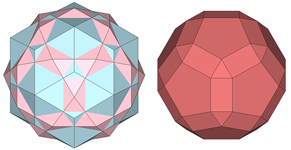 The intersection of the rhombic triacontahedron and the icosidodecahedron (left) results in a non-uniform rhombicosadodecahedron (right).