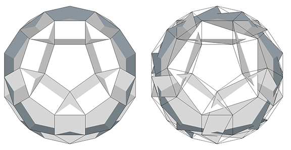 Twelve intersecting decagons (left) and twelve intersecting pentagons (right) inscribed within a uniform rhombicosadodecahedron.