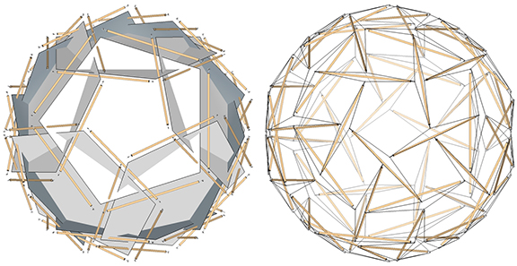 The 60 unit-length struts of the 60-strut tensegrity sphere in relation to the unit-length edges of the twelve intersecting pentagons (left) that define its spherical or "tensor equilibrium" phase (right).