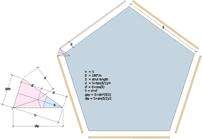 One of the twelve 5-strut pentagons that together form the 60-strut tensegrity sphere, showing the cross section of the tension valley formed by the four tendons of each strut pair and their dangler. 