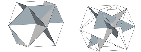 Four intersecting hexagons (left) and four intersecting equilateral triangles (right) describe the vector equilibrium (VE).
