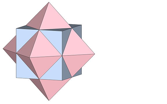 Cube and regular octahedron sharing a common center and sized so that the midpoints of their edges cross at the same point.
