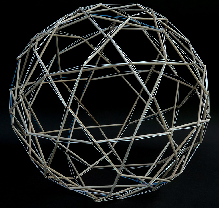 Model of the 90-strut tensegrity sphere, or a 2F Class 2 geodesic sphere with an icosahedron base.